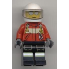 cty349 Fire - Pilot Male, Red Fire Suit with Carabiner, Reflective Stripes on Black Legs, White Helmet, Silver Sunglasses 